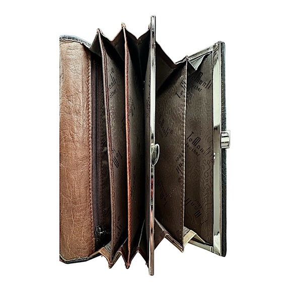 TEMANLI Patent Leather Bifold Wallet Brown Logo Snake Print - Picture 7 of 8